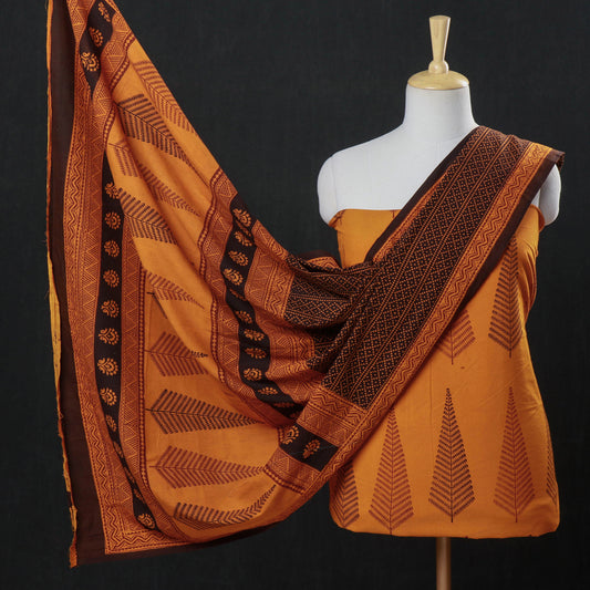 Orange - 3pc Bagh Block Printed Natural Dyed Cotton Suit Material Set