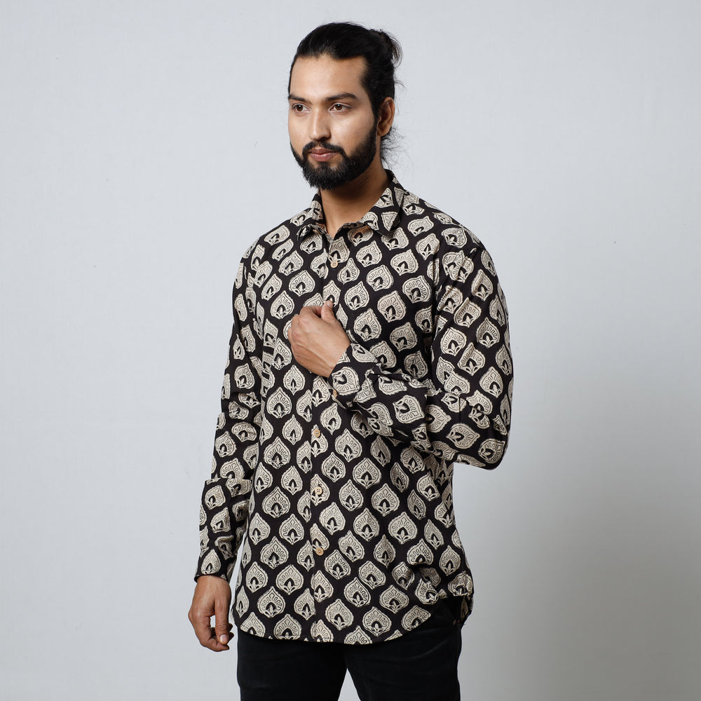 Black - Bagru Block Printed Cotton Men Full Sleeve Shirt