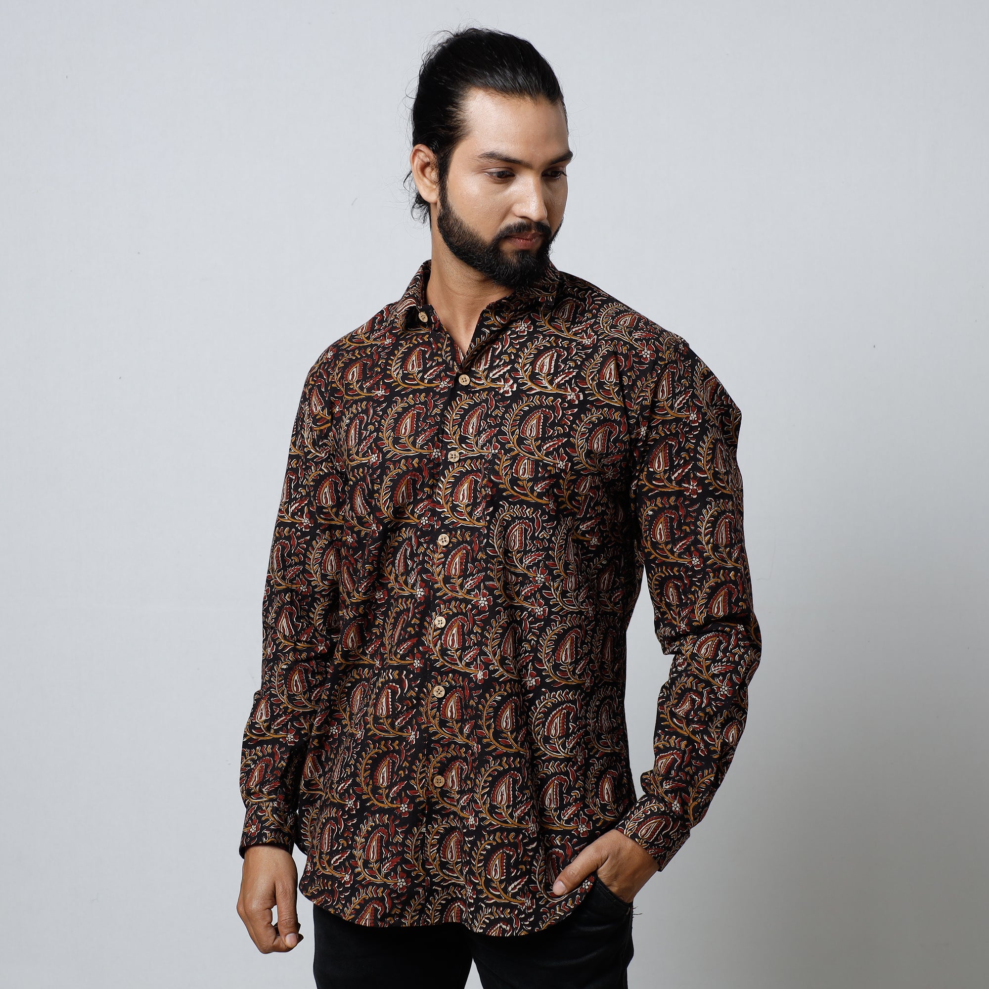 Black Bagru Block Printed Cotton Men Full Sleeve Shirt 