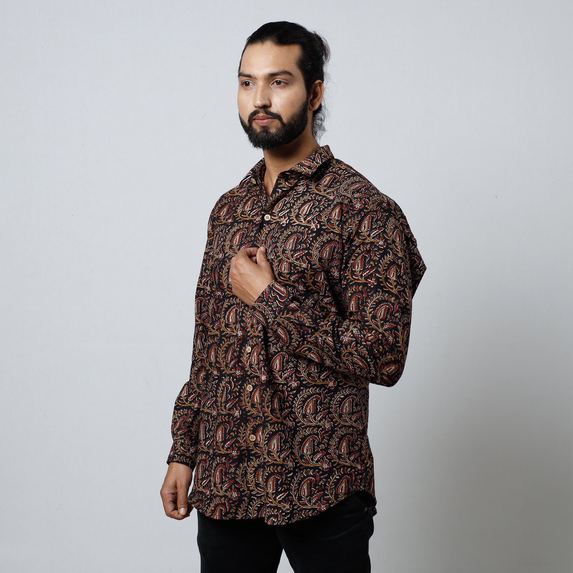 Black Bagru Block Printed Cotton Men Full Sleeve Shirt 