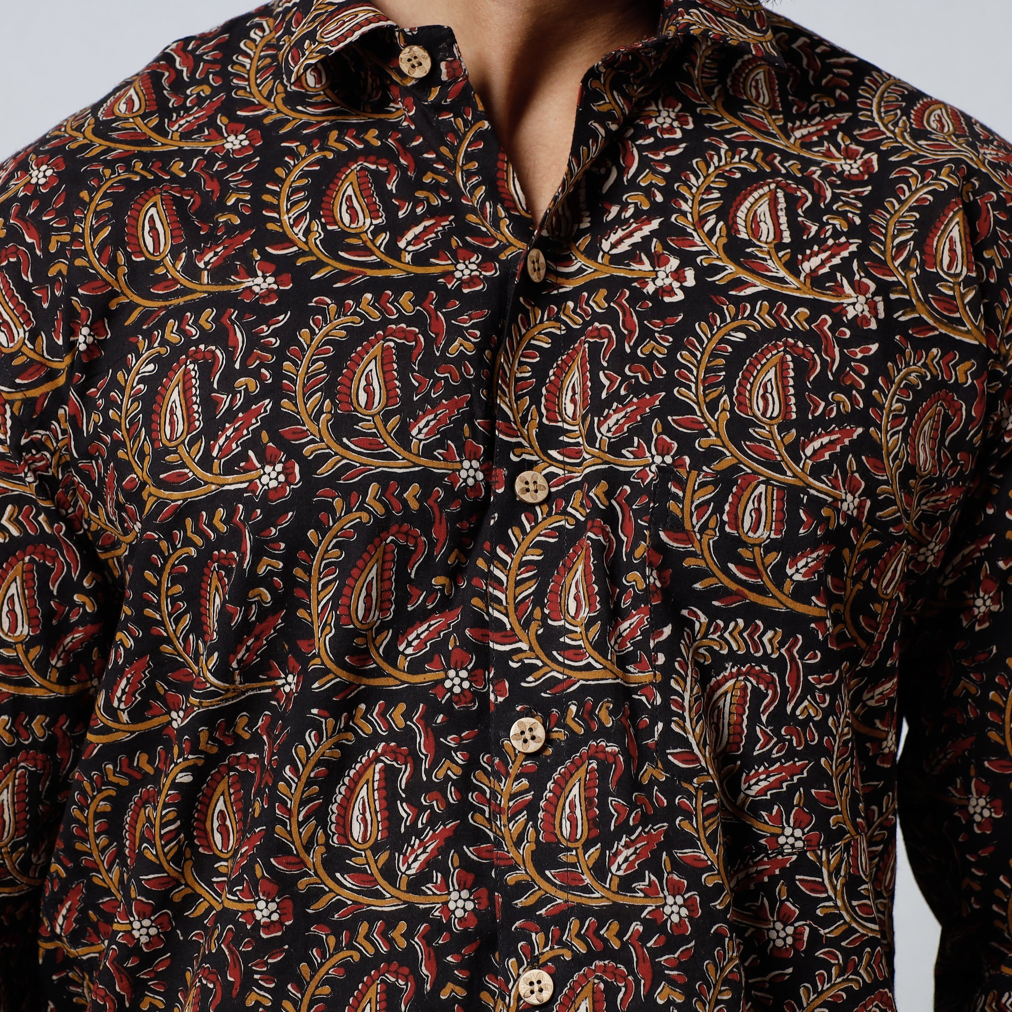 Black Bagru Block Printed Cotton Men Full Sleeve Shirt 