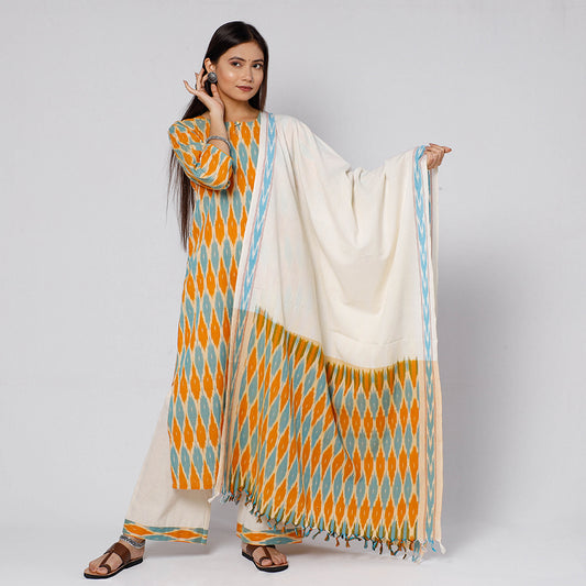 Yellow - Pochampally Ikat Weave Cotton Kurta with Palazzo & Dupatta Set