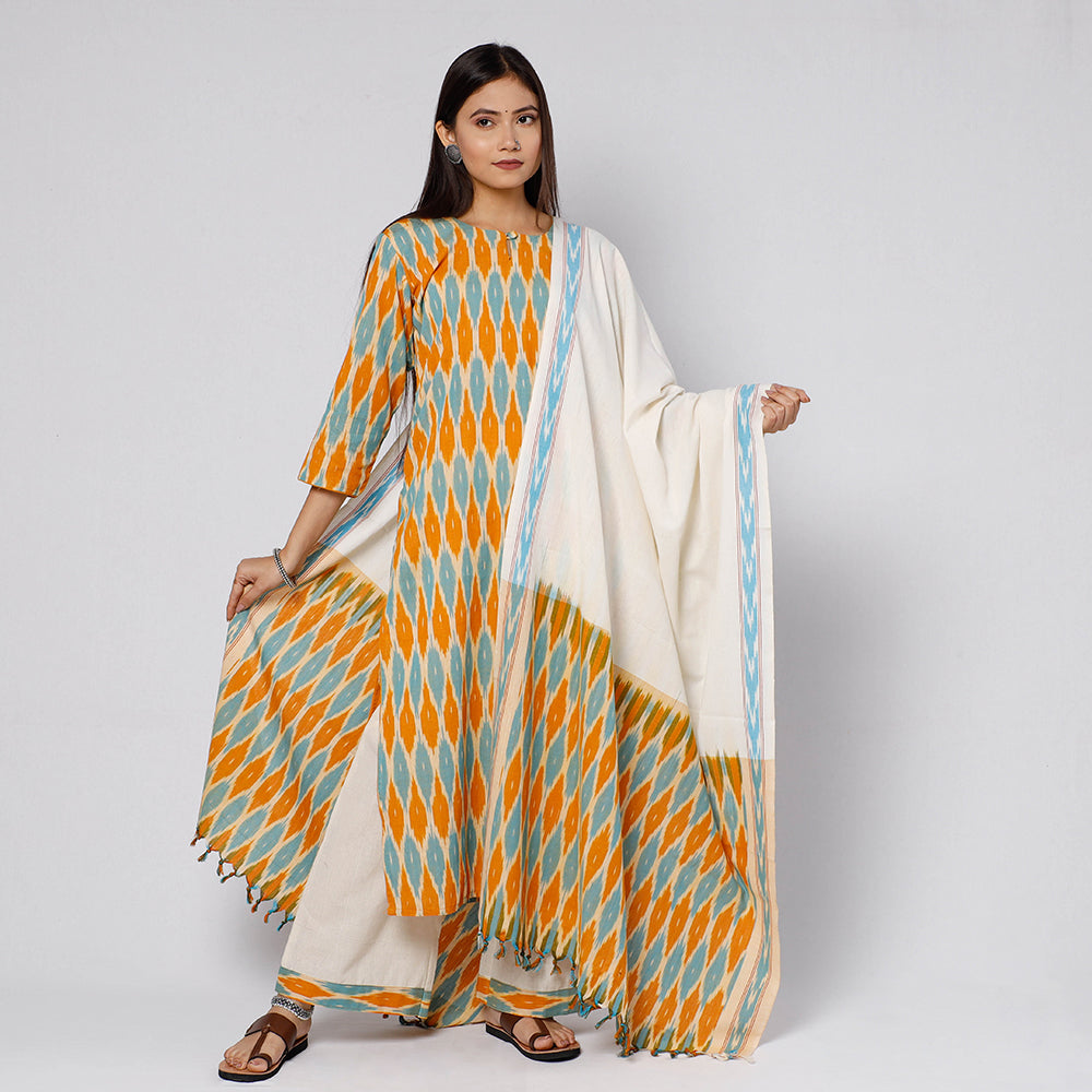 Yellow - Pochampally Ikat Weave Cotton Kurta with Palazzo & Dupatta Set