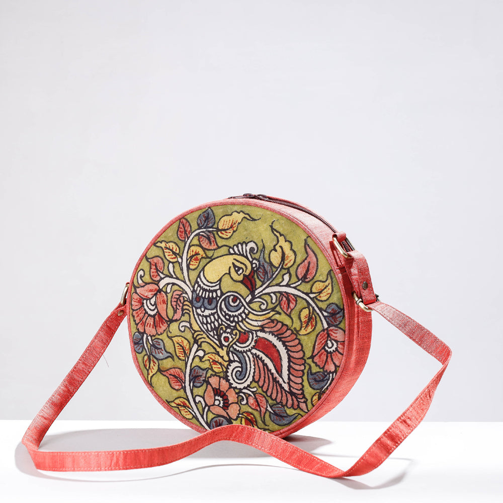 Peach Round Sling Bag Handpainted Kalamkari Natural Dyed Ghicha Silk