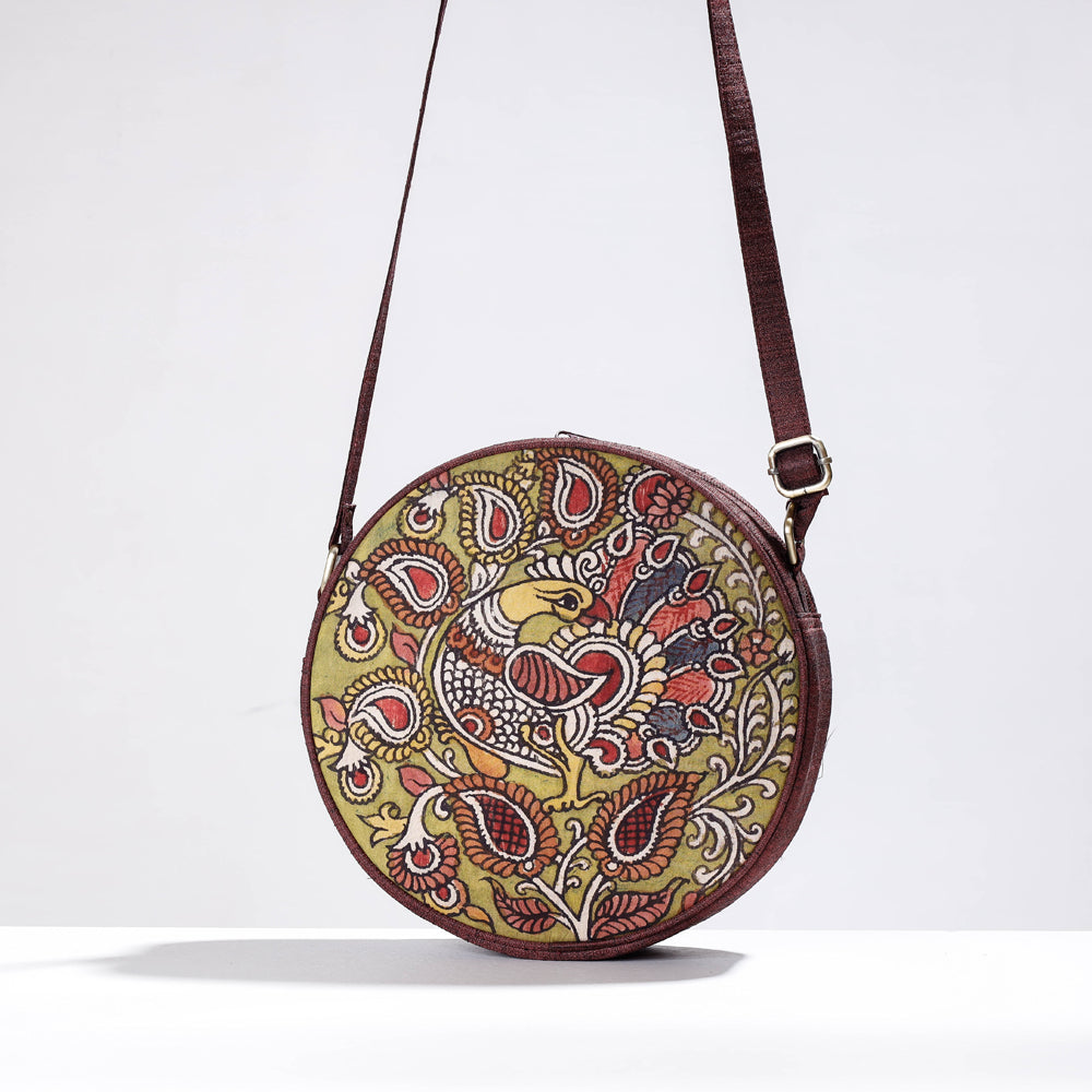 Brown - Round Sling Bag - Handpainted Kalamkari Natural Dyed Ghicha Silk