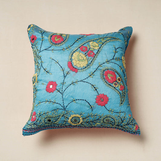 Blue - Phulkari Hand Embroidery Chanderi Silk Cushion Cover (16 x 16 in)