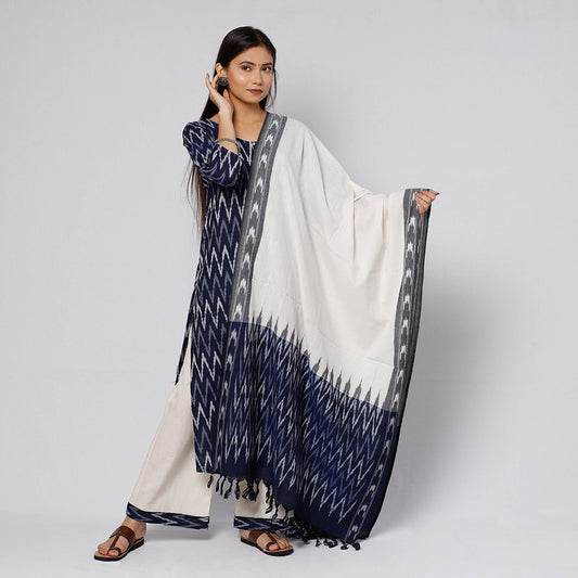 Blue - Pochampally Ikat Weave Cotton Kurta with Palazzo & Dupatta Set