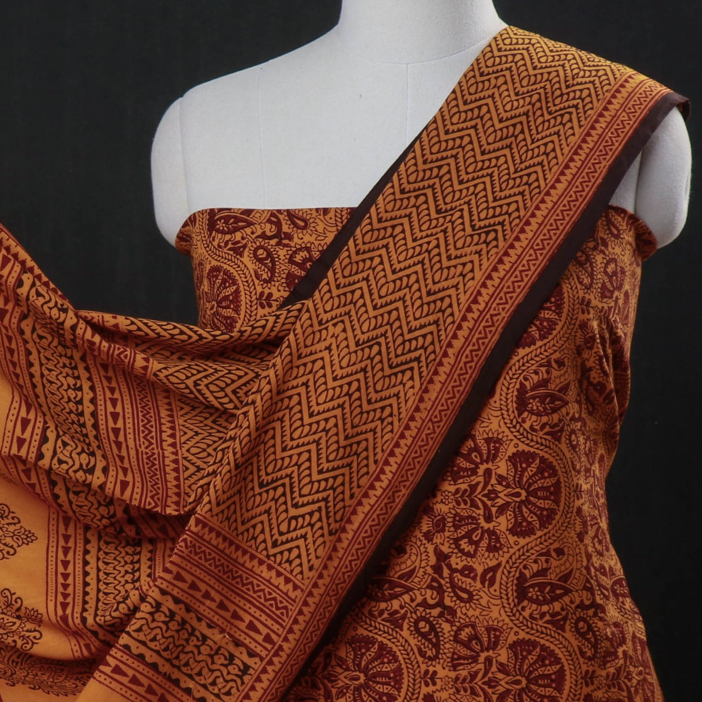 Orange - 3pc Bagh Block Printed Natural Dyed Cotton Suit Material Set