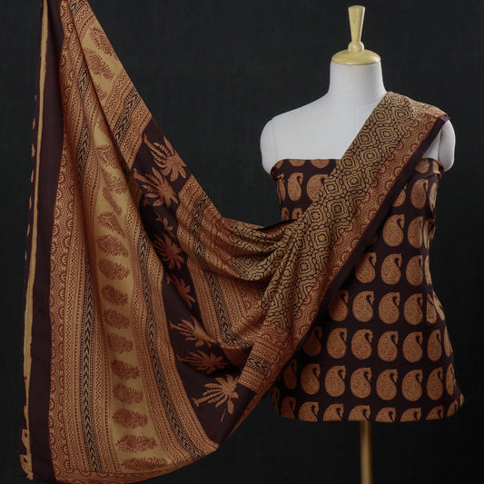 Brown - 3pc Bagh Block Printed  Natural Dyed Cotton Suit Material Set