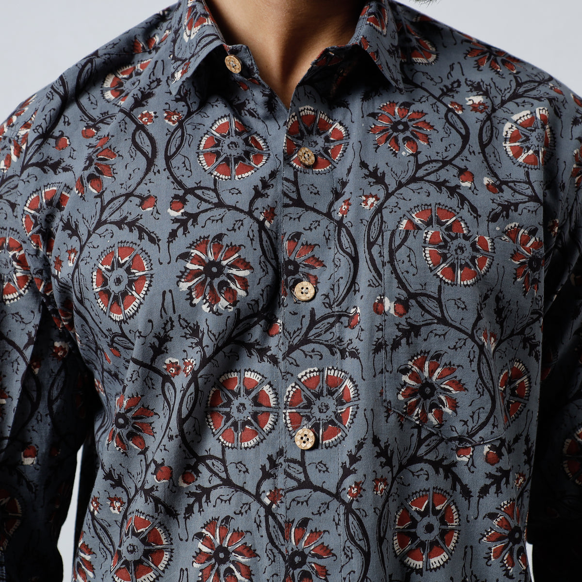 Blue - Bagru Block Printed Cotton Men Full Sleeve Shirt