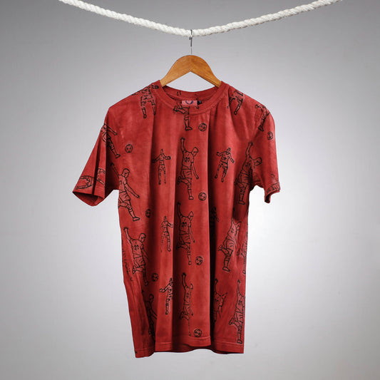 Red - Bindaas Block Art Printed Cotton Round Neck T-shirt