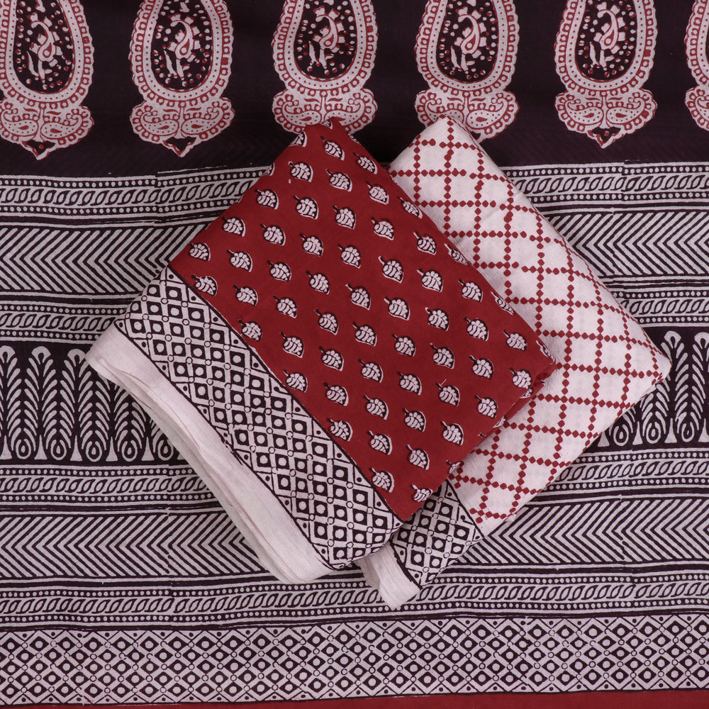 Red - 3pc Bagh Block Printed Natural Dyed Cotton Suit Material Set