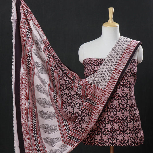 Pink - 3pc Bagh Block Printed Natural Dyed Cotton Suit Material Set