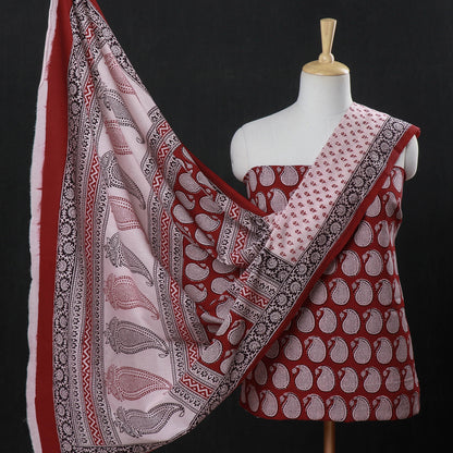 Red - 3pc Bagh Block Printed Natural Dyed Cotton Suit Material Set