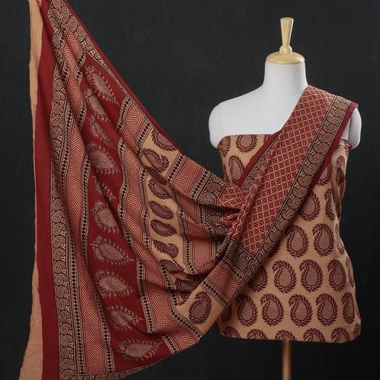 Brown - 3pc Bagh Block Printed Natural Dyed Cotton Suit Material Set