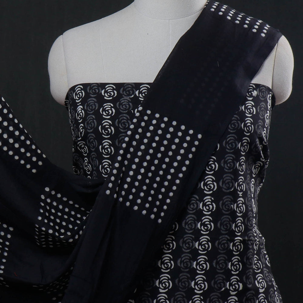 Black - 3pc Hand Block Printed Cotton Suit Material Set