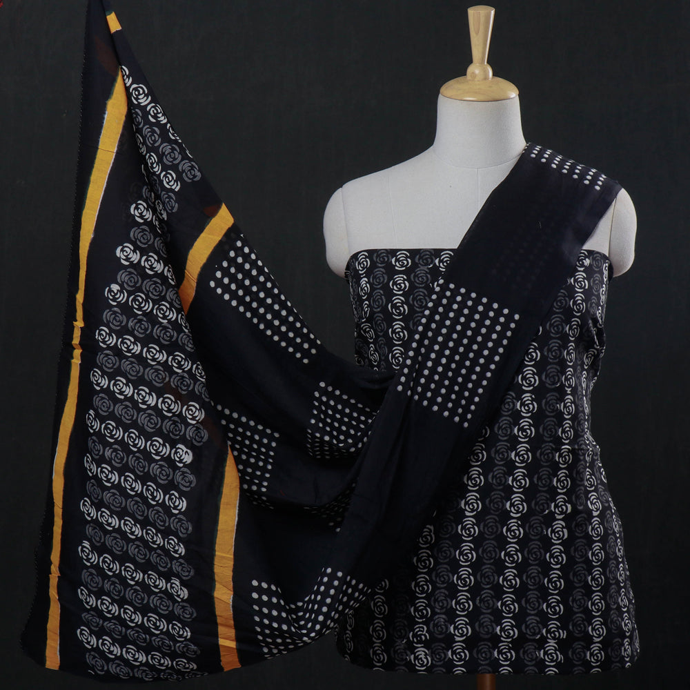 Black - 3pc Hand Block Printed Cotton Suit Material Set