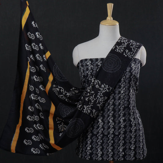 Black - 3pc Hand Block Printed Cotton Suit Material Set