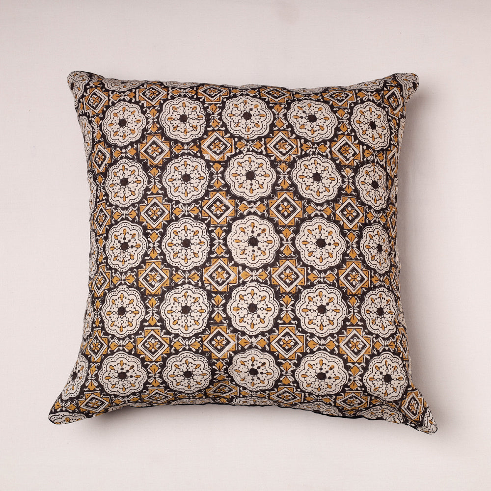 Brown - Bagru Hand Block Printed Pure Cotton Cushion Cover (16 in x 16 in)