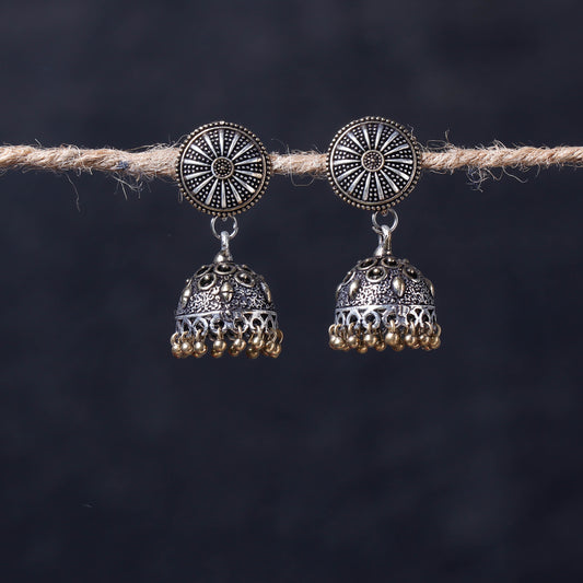 Antique Silver Finish Oxidised Brass Base Jhumka Earrings