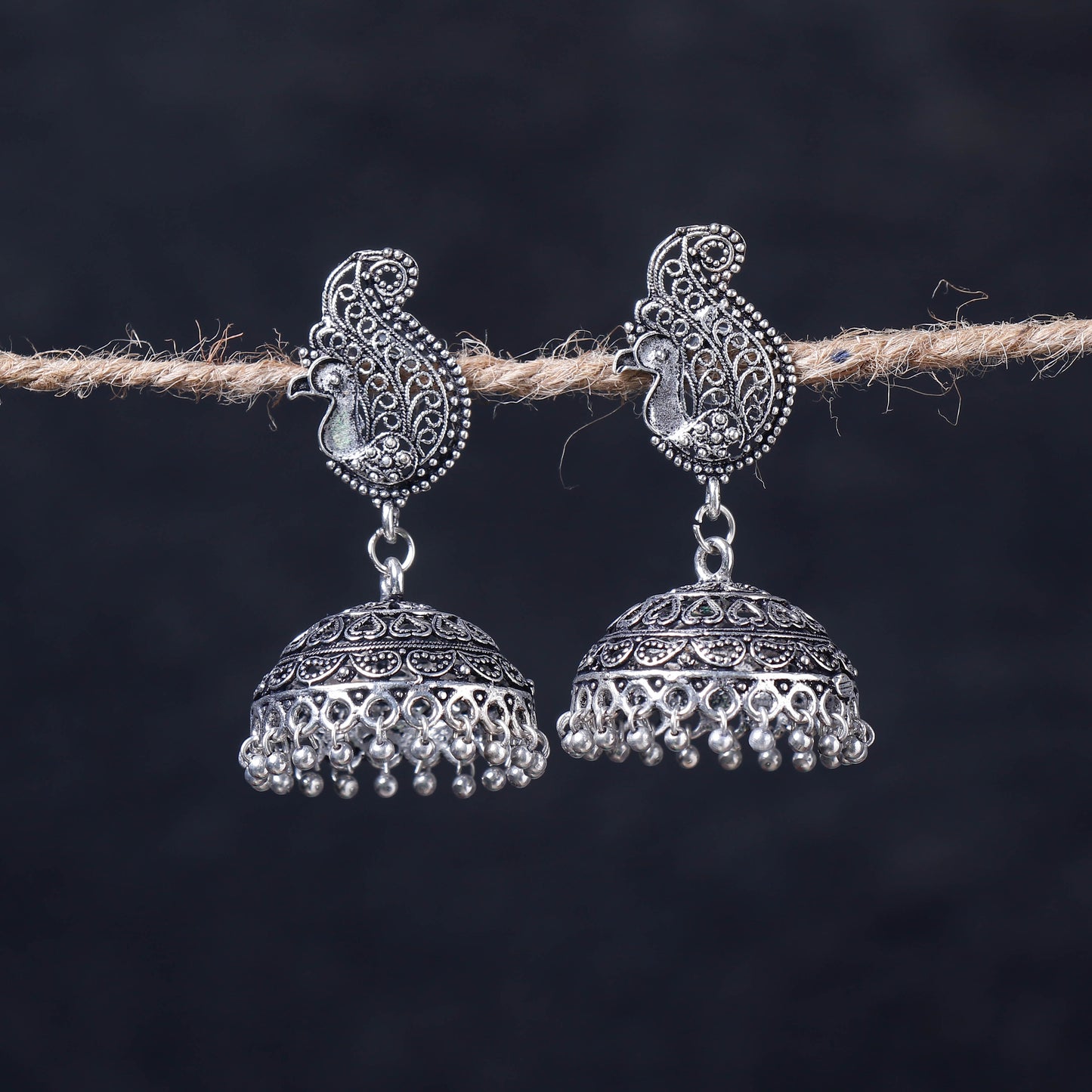 Antique Silver Finish Oxidised Brass Base Jhumka Earrings