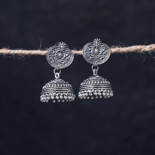 Antique Silver Finish Oxidised Brass Base Jhumka Earrings
