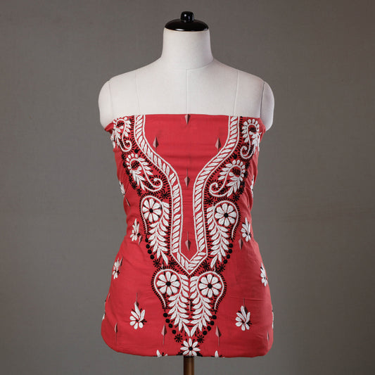 Red - Special Chikankari Hand Embroidered Jacquard Cotton Kurti Material
