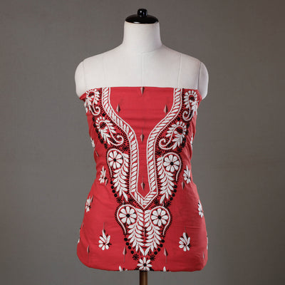 Red - Special Chikankari Hand Embroidered Jacquard Cotton Kurti Material