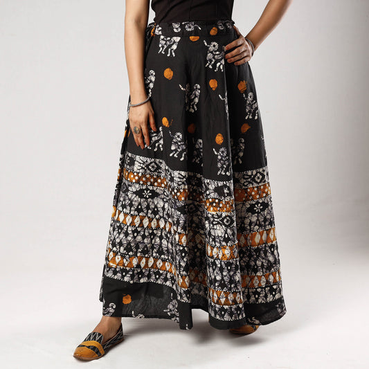 Black - Hand Batik Printing Running Stitch Cotton Long Skirt