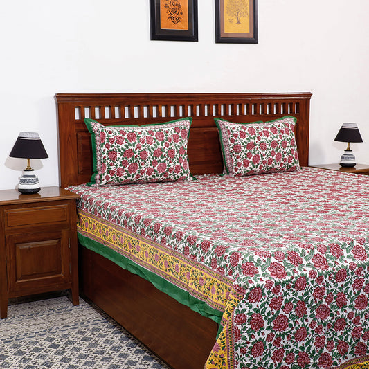 Pink - Sanganeri Block Printing Cotton Double Bed Cover with Pillow Covers (108 x 90 in)
