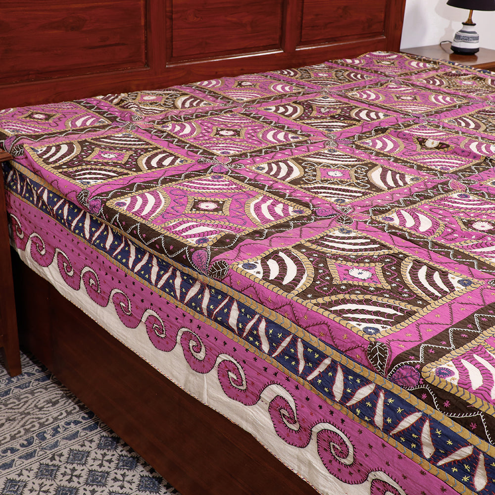 Multicolor - Rangoli Kantha Embroidery Cotton Double Bedcover (106 x 92 in)