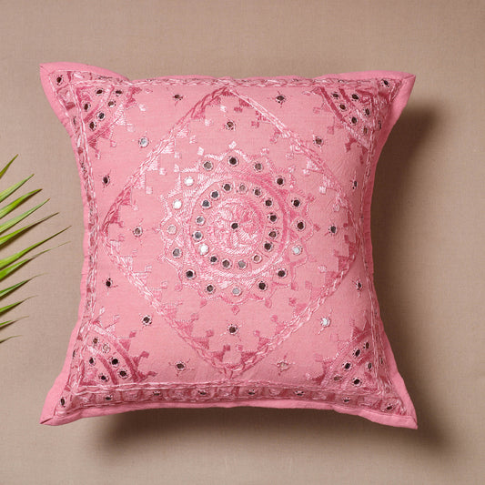 Pink - Mirror Work Kutch Heavy Embroidery Cotton Cushion Cover