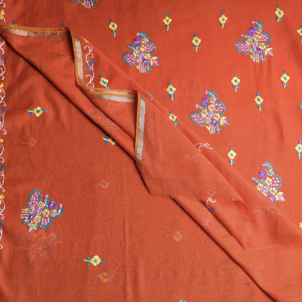 Orange - Kashidakari Hand Embroidery Pure Chanderi Silk Block Printed Saree with Zari Border