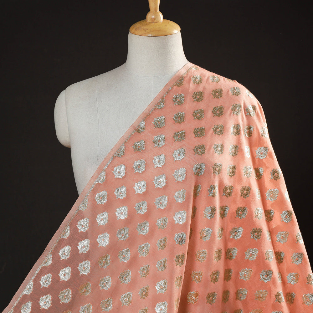 Peach - Pure Banarasi Handwoven Cutwork Buti Silk Cotton Fabric