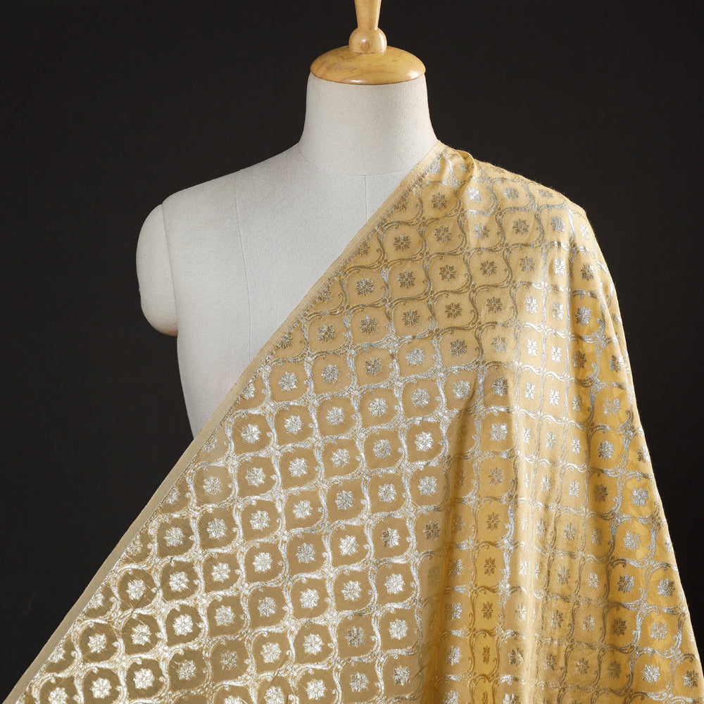 Beige - Pure Banarasi Handwoven Cutwork Zari Buti Silk Cotton Fabric