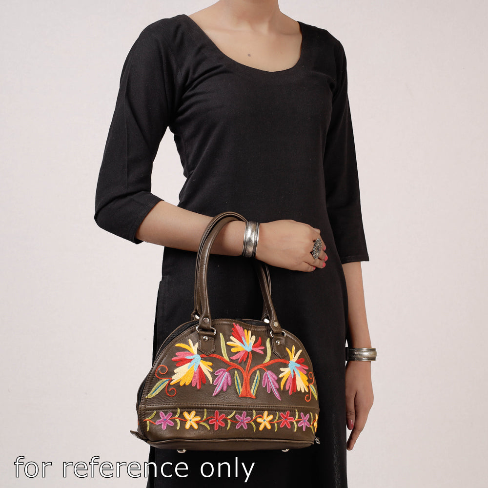 Brown Original Crewel Hand Embroidered Leather Hand Bag