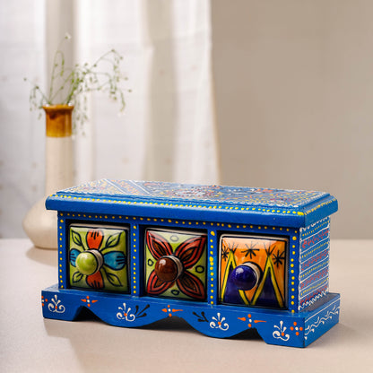 Neem Wood Hand Painted Blue Pottery Ceramic Triple Drawer