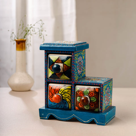 Buy Neem Wood Hand Painted Blue Pottery Ceramic Triple Drawer Online at iTokri.com