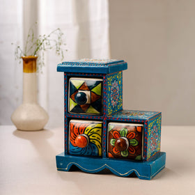 Buy Neem Wood Hand Painted Blue Pottery Ceramic Triple Drawer Online at iTokri.com