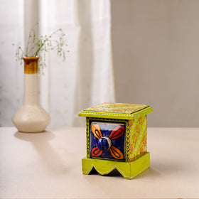  Neem Wood Hand Painted Blue Pottery Ceramic Single Drawer 