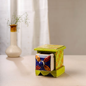  Neem Wood Hand Painted Blue Pottery Ceramic Single Drawer 