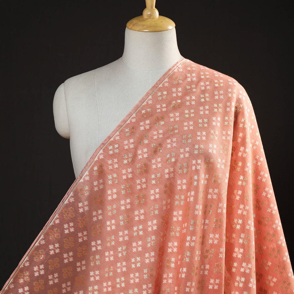 Peach - Pure Banarasi Handwoven Kora Silk Cotton Zari Buti Fabric