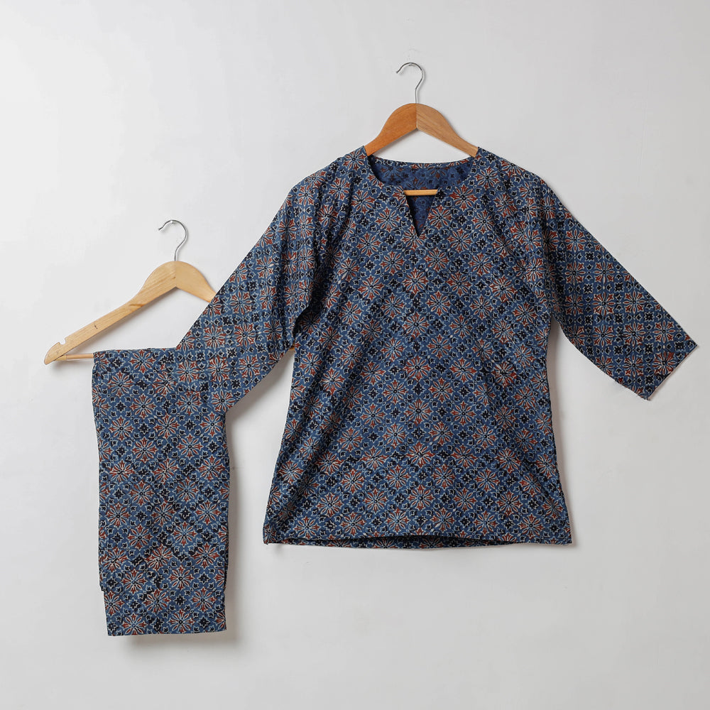 Blue - Ajrakh Block Print Cotton Night Suit