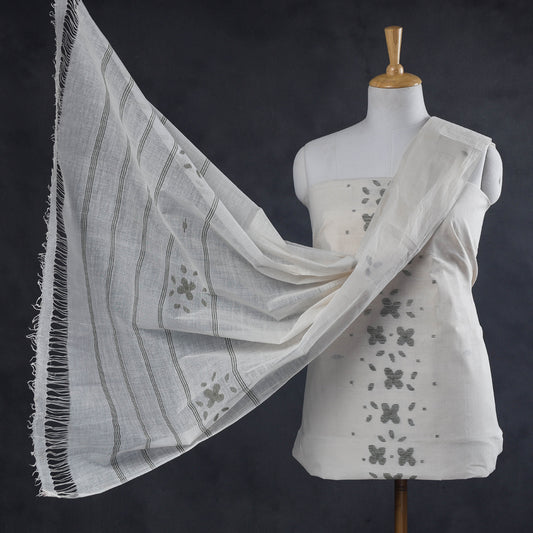 Grey - 3pc Manipuri Weave Handloom Cotton Suit Material Set
