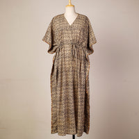 Beige - Kalamkari Block Printed Cotton Kaftan with Tie-Up Waist (Long)