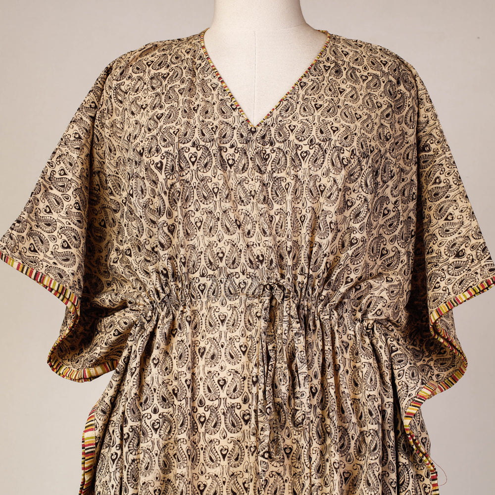 Beige - Kalamkari Block Printed Cotton Kaftan with Tie-Up Waist (Long)