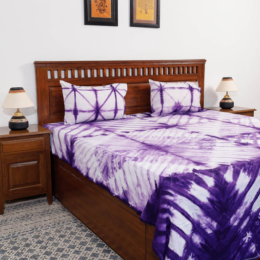 Purple - Shibori Tie Dye Pure Cotton Double Bed Cover with Pillow Covers (108 x 90 in)