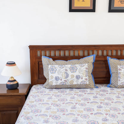 White - Sanganeri Block Printed Cotton Double Bed Cover with Pillow Covers (108 x 87 in)