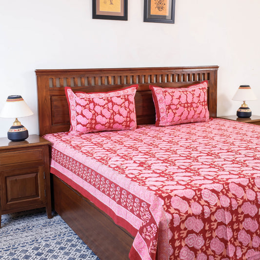 Pink - Sanganeri Block Printing Cotton Double Bed Cover with Pillow Covers (108 x 88 in)