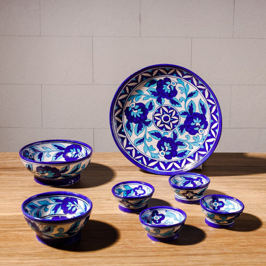 Original Blue Pottery Ceramic Dinner Set (Set of 7)
